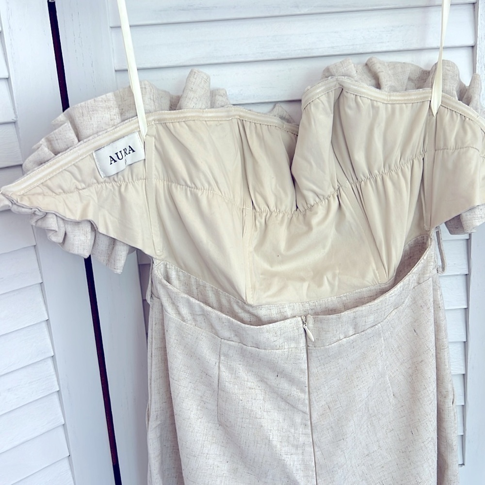 Azura Beige Ruffle Open Back Pockets Linen Capri Wide Leg Jumpsuit Small - Picture 7 of 11